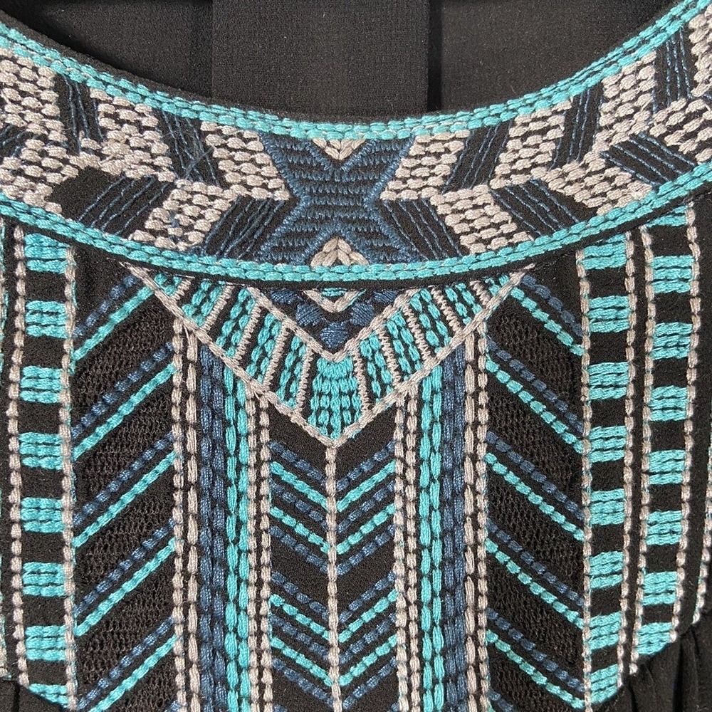 Skies Are Blue Blouse Womens S Black Embroidered Roll Tab Sleeve Boho - Picture 2 of 9
